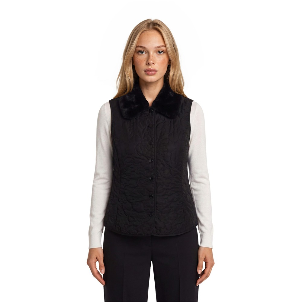 Lilly Pulitzer Quilted Vest Women's Small Black Faux Fur Collar Lined